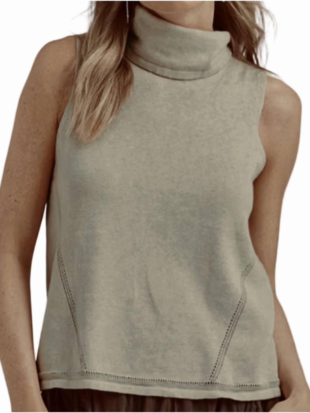 Garnet Hill Sleeveless Turtleneck cotton linen top in Olive Beige